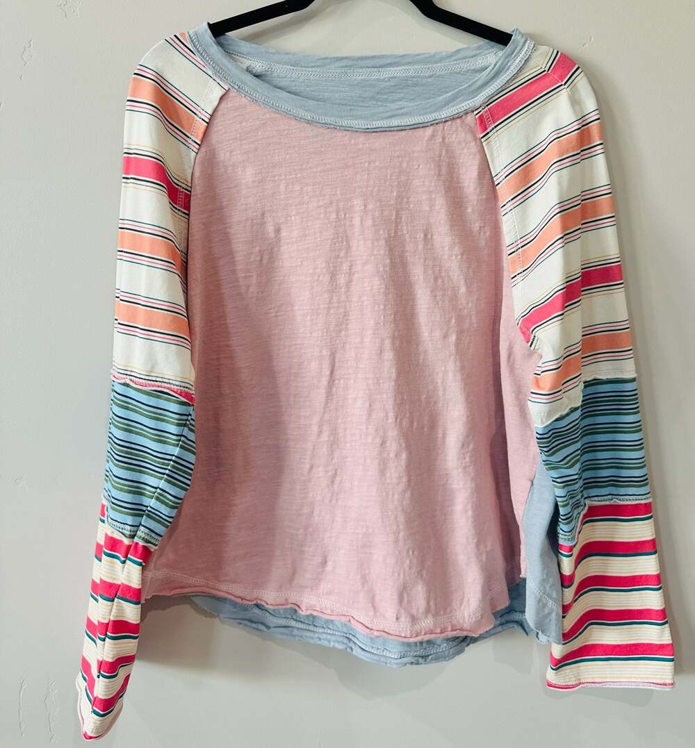 Bohemela Striped Patchwork Reverse Seam Long Sleeve Tee Shirt Medium